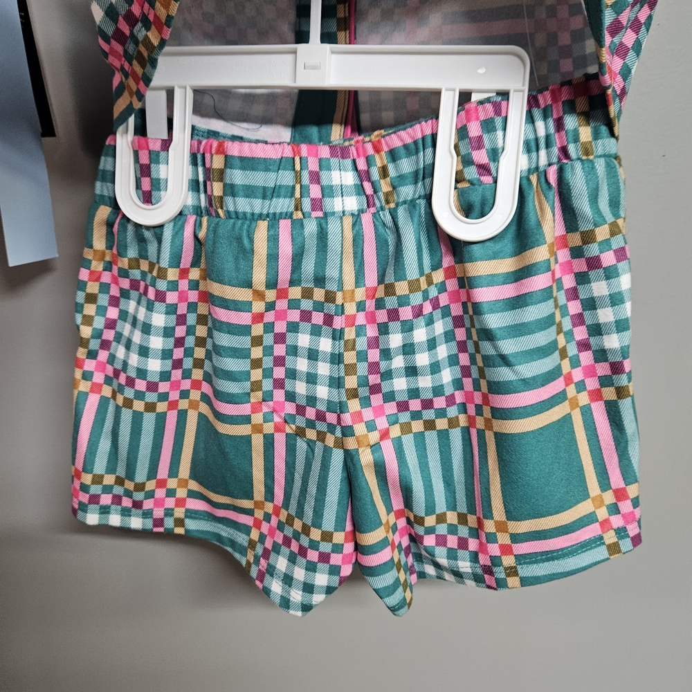 Kids Girls Xs 4/5 Fleece Pajama Set Checkered- Green & Pink Short Sleeve Shorts - Picture 7 of 7
